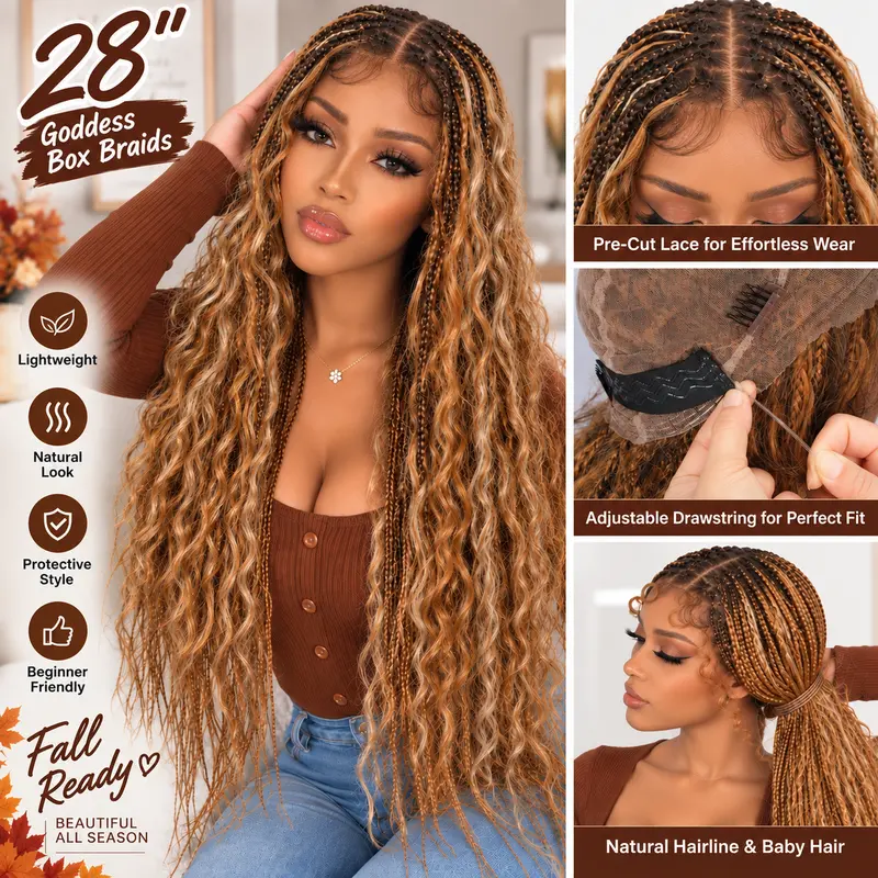 Caramel Honey Glow Boho Braids Full Lace Wig 28” | Pre-Cut Lace, Drawstring, Lightweight Natural Look | Synthetic Hair, Easy Care & Maintenance #OT4/27/24 #SohoChic #TikTokShopStockUp #DealsForYouDays