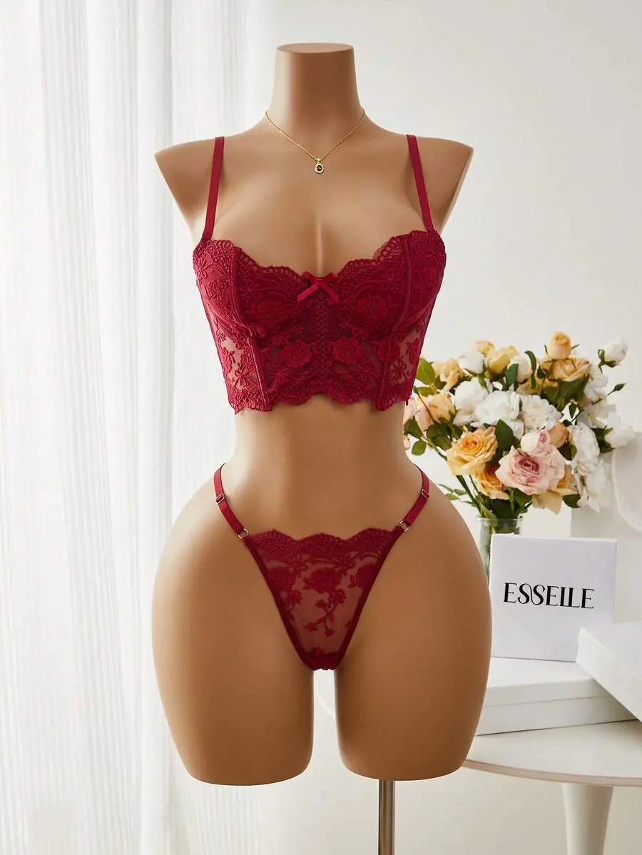 Esselle 2pcs/Set Women's White Romantic Long Bra Lingerie Set Red Lace Lingerie Set Burgundy Lingerie Set Lace Bra And Panty Set Maroon Lingerie