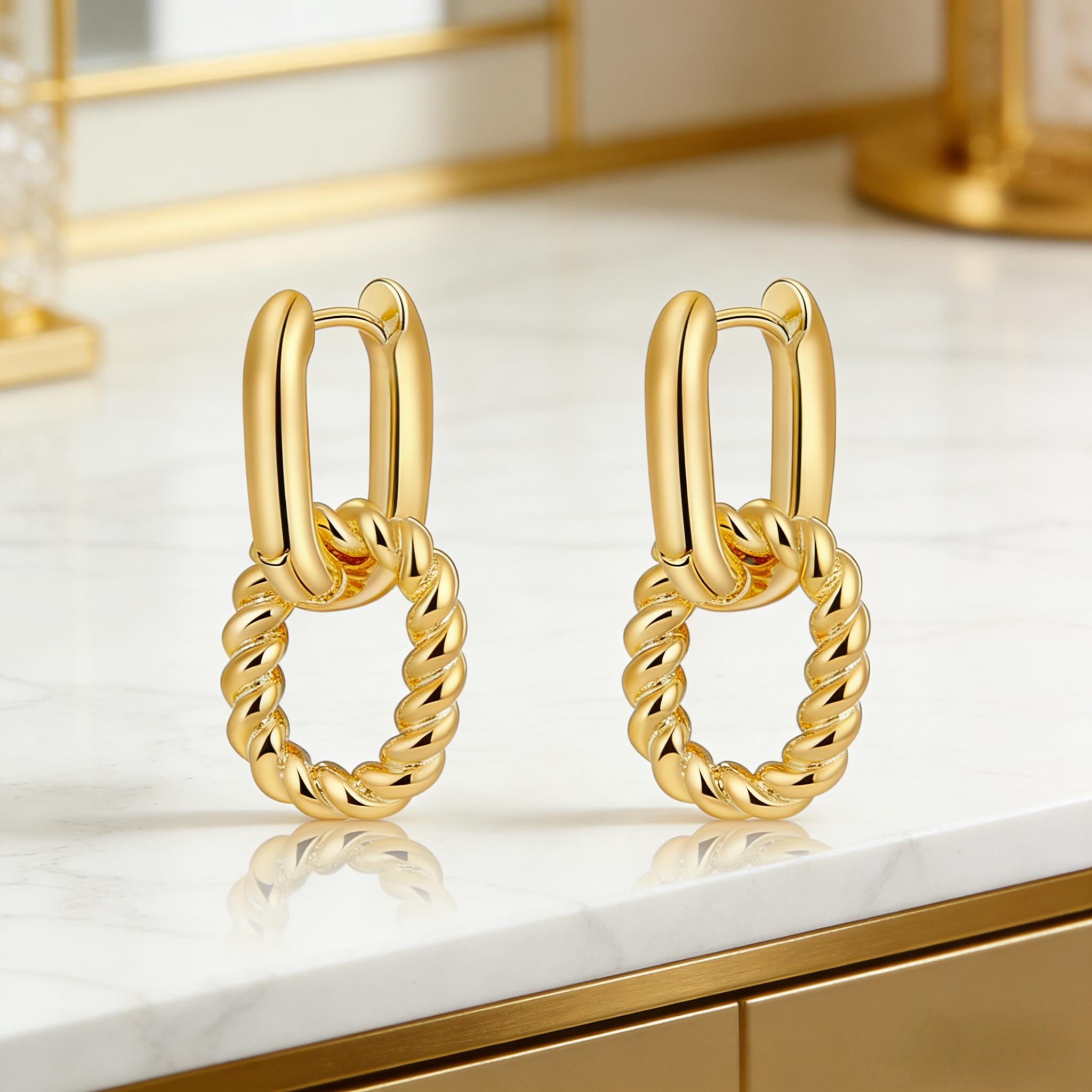 Gold Twisted Chain Link Earrings, Hypoallergenic 925 Silver Post, 18K Gold Plated Dangle Earrings, Vintage French Style, Waterproof Tarnish Free, Gift for Her