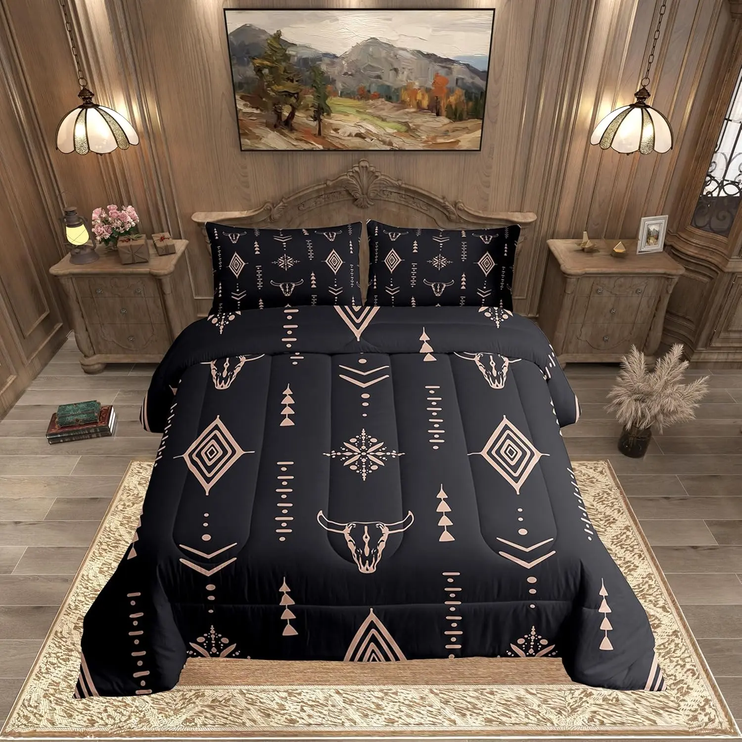 Feelyou Queen Size Microfiber Bed Set - Comfy, Breathable Bohemian Tribal Duvet with Bull Skull, Horns, Symbols, Mysterious Aztec Geometric Print, Black Brown Covers; King Comforter Set Option, Bedroom Decor Ideas Gift