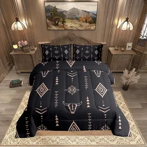 Feelyou Bull Skull Microfiber Bed Comforter Set - Comfy, Breathable Boho Ethnic Horns, Tribal Symbol, Mysterious Aztec Abstract Geometric Duvet Insert, Black Brown Blankets, Trippy Room Decor, Queen Comforter Set, Bedroom Gift