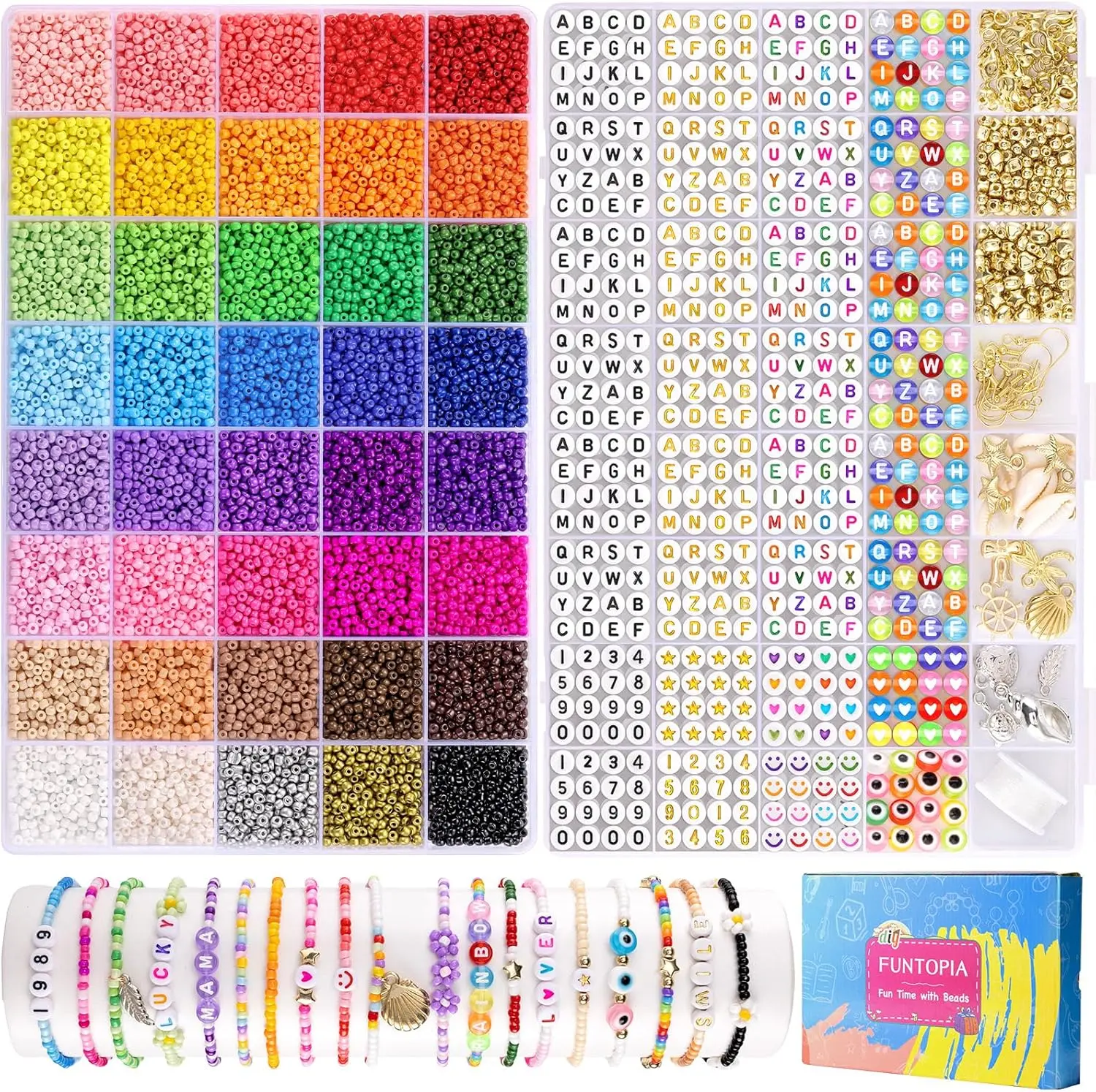 Funtopia 11200 Counts 3mm Glass Seed Beads Set for Jewelry Making 40 Colors with Letter & Number Beads DIY Craft Kit for Girls Women Creative Gift Box Personalized Design Stress Relief Anxiety Relief