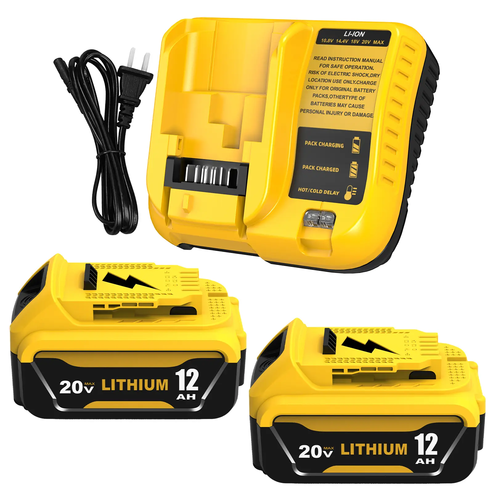 DeWalt 20V MAX Cordless Drill Batteries 2-Pack, 12.0Ah (12000mAh) High-Capacity Lithium Replacement Rechargeable Batteries & Charger, No Memory Effect, Fits DCB206 & All 20V Tools