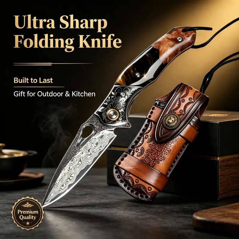 Damascus folding knife, maple resin handle, sharp hand forged blade. This exquisite EDC tool is perfect for collectors and is a unique birthday gift for men.