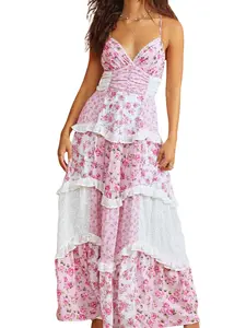 Ebossy Womens Lace Patchwork Floral Maxi Dress Spaghetti Strap Sexy Backless Ruffle Tiered Boho Beach Sundresses