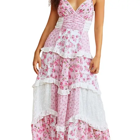 Ebossy Women's Lace Patchwork Floral A-Line Maxi Dress - Spaghetti Strap, Sexy Backless, Ruffle Tiered, Bohemian Retro, Plus Size Clothing, Resort Wear, 2000s Evening Sundress (Womens Dresses)