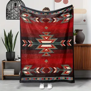 Red and Black Navajo Style Aztec Geometric Arrow Tribal Rug  Flannel  Gifts for Home Leisure Travel