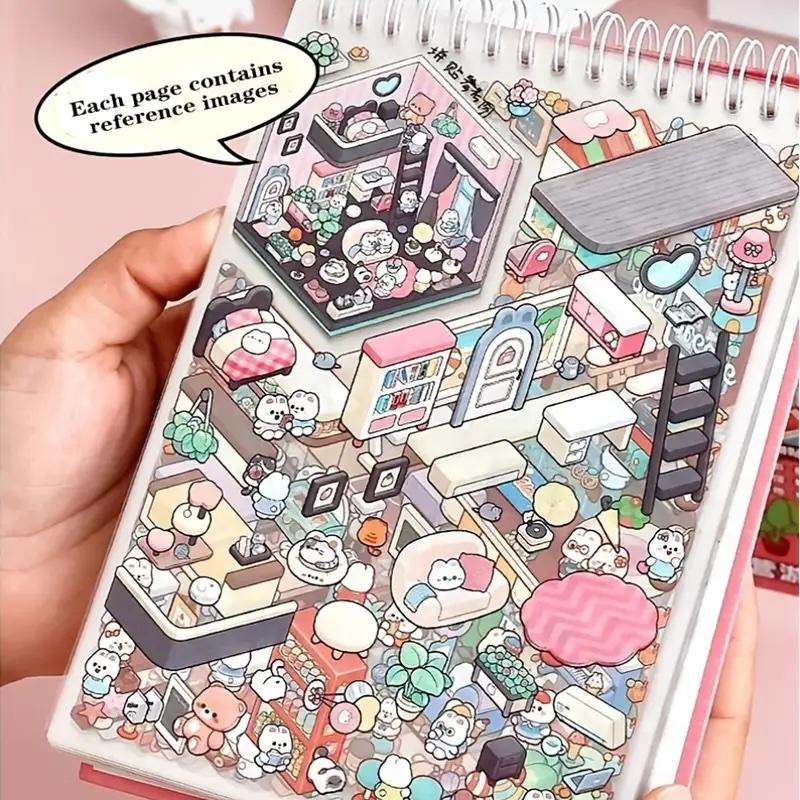 [Free Tweezers] Miniature Scene Collection Book - 45pcs 3D Stacking Plastic Stickers Reusable Cartoon House & Garden Decor Self Adhesive Mixed Colors for DIY Crafts Scrapbooking and Playful Home Decor