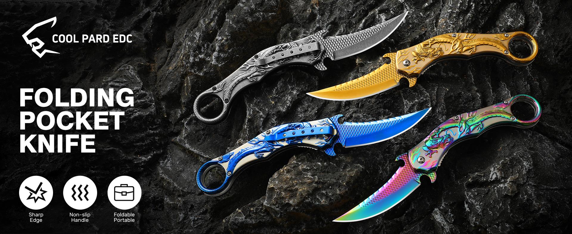 Pocket Knife,3.5" Cool Folding Knife with 3D Dragon Retro Embossed Pattern,EDC Knife with Pocket Clip and Liner Lock,Knife Gifts For Men Women,Sharp Camping Survival Hiking Knives (Blue)