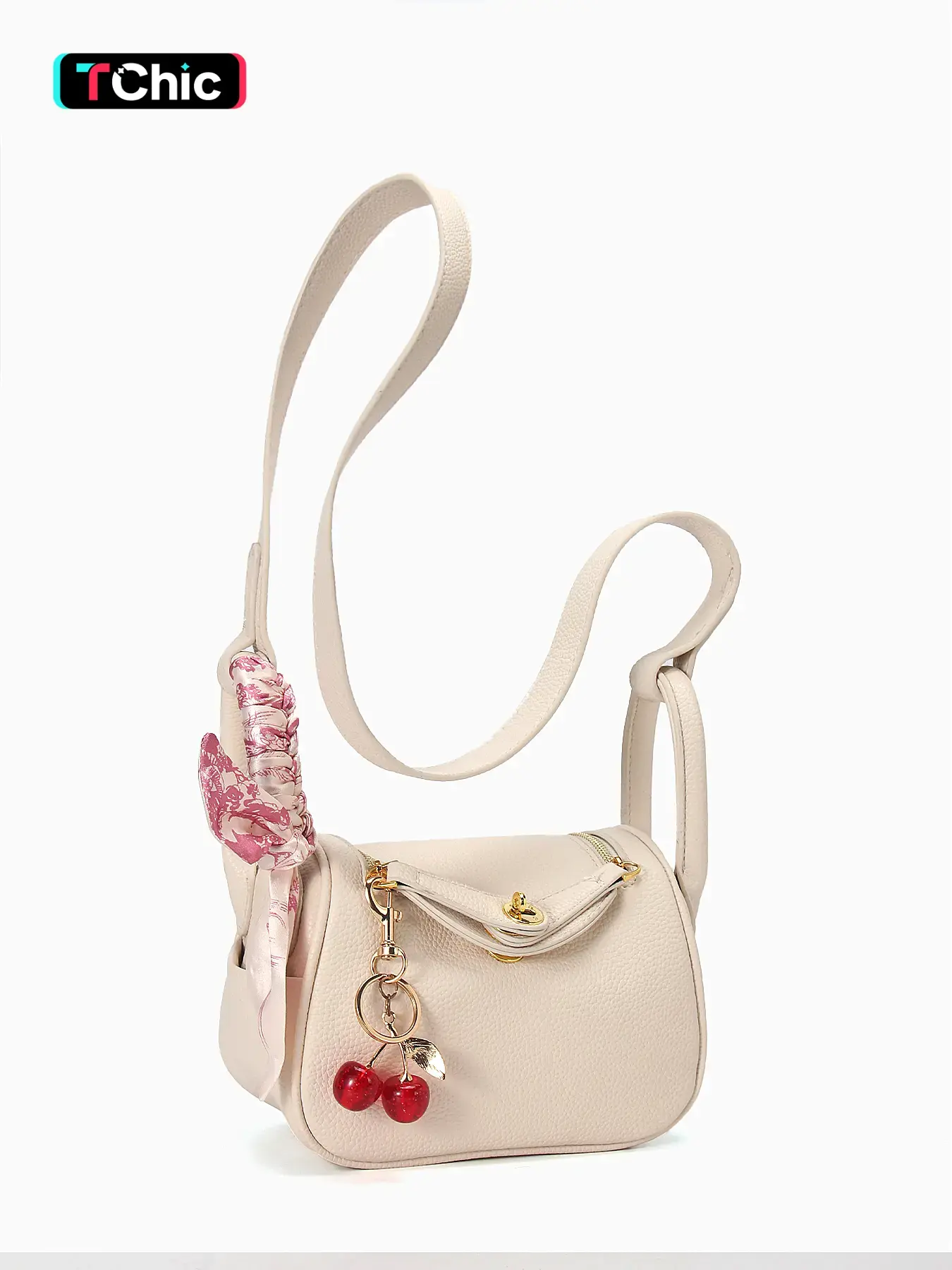 Stylish clasp shoulder bag for women, PU leather handbag featuring a cherry charm. A versatile crossbody bag for commuting, suitable for daily outings, dates, and gatherings. Flap Crossbody Purse