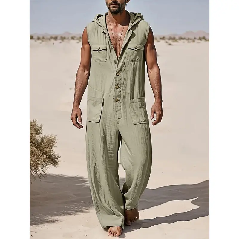 Men's Regular V-Neck Plain Sleeveless Polyester Leisure Jumpsuit - Summer Casual Coverall Clothes, Tropical Wear (Beige, Khaki)