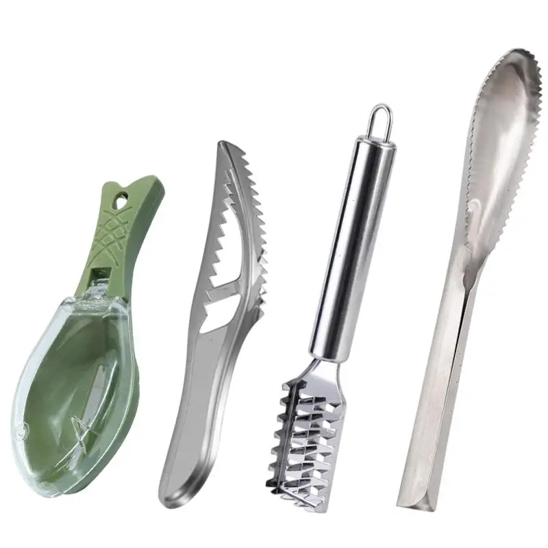 4 Pack Portable Fish Scraper Scaler with Sawtooth Stainless Steel Fish Scale Remover Multifunctional Fish Shape Tweezers for Fish Scales Kitchen Tool
