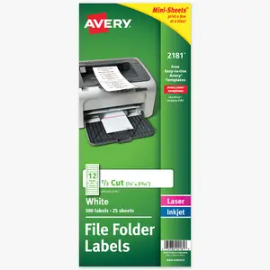 Avery Printable Mini-Sheets File Folder Labels, 2/3" x 3-7/16", Matte White, Permanent Adhesive, Laser/Inkjet Printable, 300 Blank Filing Labels (2181)