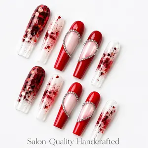 Long Square Press on Nails 2 Inches, Red Clear Valentine Fake Nails, Heart Glitter Gradient, French Tips, Rhinestone Accents, Glossy Acrylic Nails