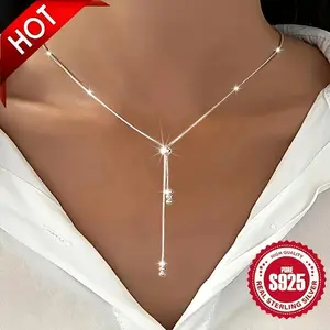 3.05g 925 Sterling Silver Elegant Y-Shape Necklace for Women, Adjustable Bead Slider, Hypoallergenic, Simple Classic Design, Versatile for All Seasons, Perfect Christmas Gift