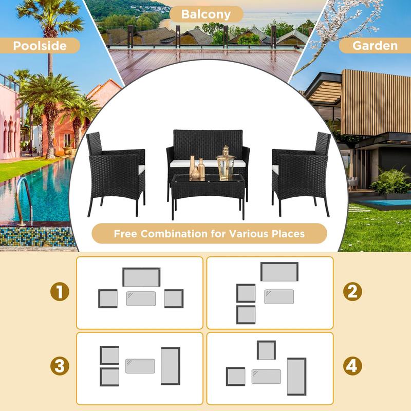 4 Piece Outdoor Wicker Patio Conversation Furniture Set, Rattan Chair Wicker Sofa Garden Conversation Sets with Cushion and Glass Table for Yard Pool or Backyard 4 Piece Outdoor Wicker Patio Conversation Furniture Set, Rattan Chair Wicker Sofa Garden Conversation Sets with Cushion and Glass Table for Yard Pool or Backyard