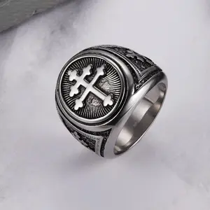 GTHIC Retro Cross of Lorraine Ring for Men Stainless Steel Statement Accessories Father's Day Gift Daily Wear