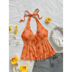 Bohemian Style Spring Break Orange Lily and Hibiscus Print Knitted Vest, Suitable for Women's Beach Vacation, Suitable for Summer