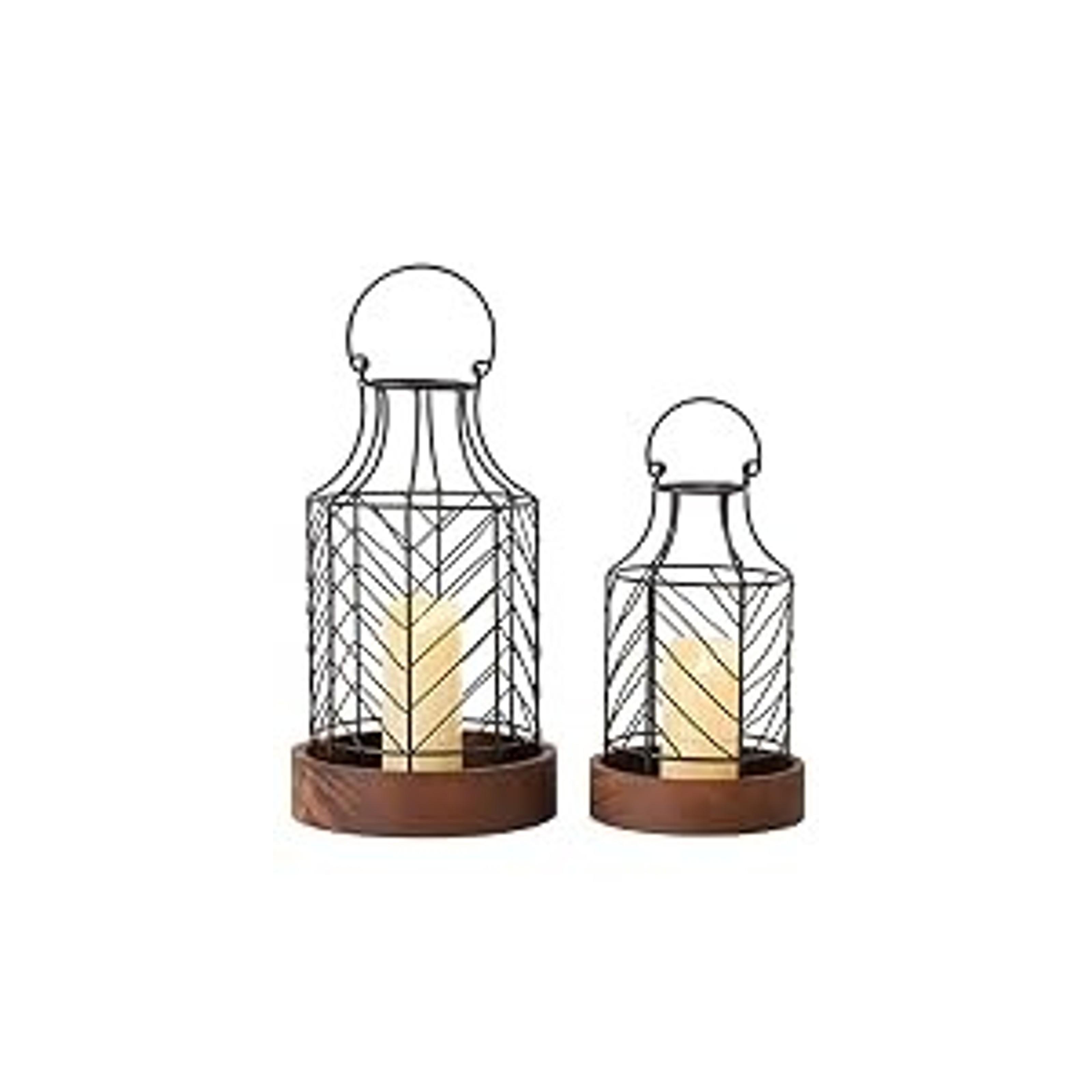 2-Piece Rustic Farmhouse Metal Candle Lantern Set with Lightweight Wooden Base, Home Decor Centerpiece for Living Room, Ideal Gift for Indoor Outdoor Use