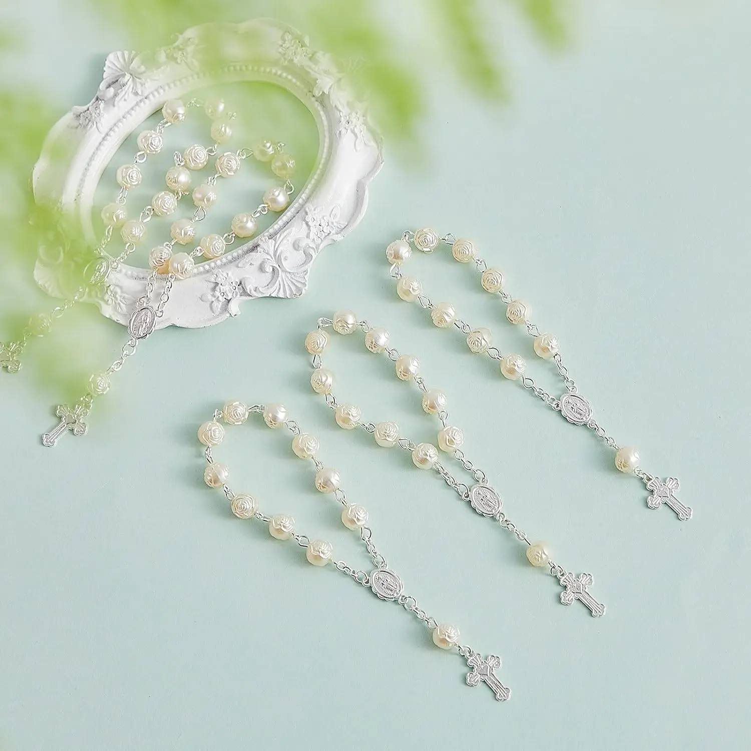 Faux Pearl Jewelry Set (30-Piece) - Holy Theme Rosaries, Prayer Beads Bracelets with Silver Cross Pendant & Organza Bags for Christening, Wedding Party Favors