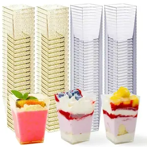 50Pack Plastic Dessert Cups , Square Clear Parfait Appetizer Cups, Mini Reusable Shooter Serving Cups, Party Dessert Shot Glasses for Tasting Disposable paper ring garland small cake container