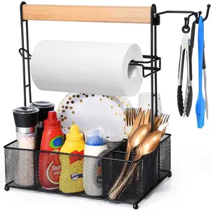 Grill Caddy for Outdoor Grill, BBQ Caddy with Paper Towel Holder for Plates, Silverware, Utensils - Picnic & Barbeque & Camping Essentials Accessories for Tailgating, Camper, RV, Backyard