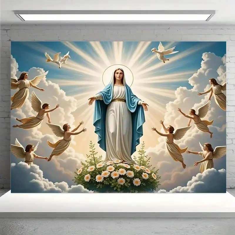 Our Lady & Angels Religious Backdrop (1PC) - Large Polyester Banner, Weather-Resistant Decorative Cloth, Power-Free & Easy-Hang, Ideal for Photo Studio/Events/Home/Outdoor Religious Decor Ornaments