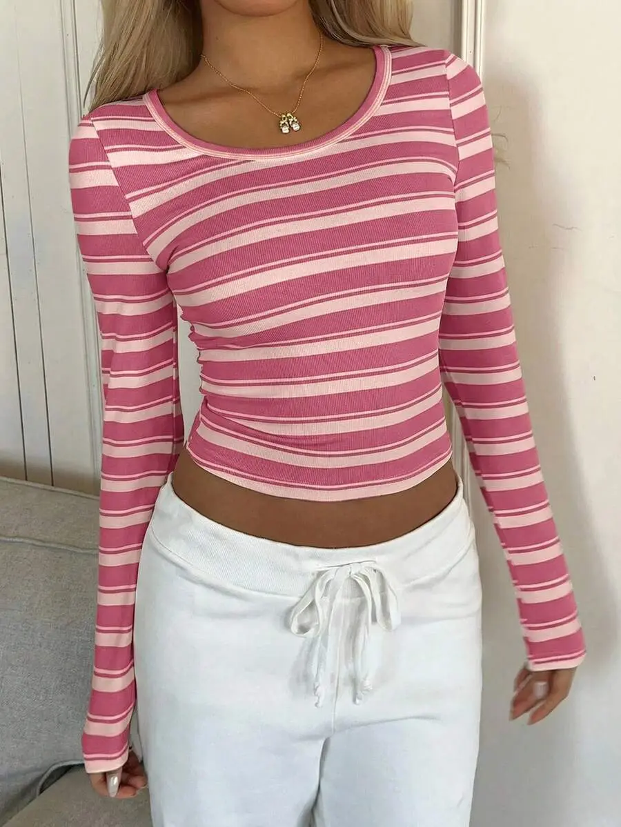 GRL Women's Pink And White Striped Round Neck Long Sleeve Slim Fit T-Shirt,Spring Autumn Casual Everyday Sweet Home Wear Cute Comfortable Striped Top