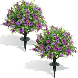 24Inch Artificial Purple Flower Boxwood Topiary Tree Set of 2 with Ground Spike, UV-Resistant & Waterproof Faux Greenery Low Maintenance for Porch Entryway Indoor