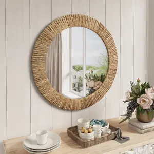 VELOVE Woven Straw Round Wall Mirror with Glass, 30 inches