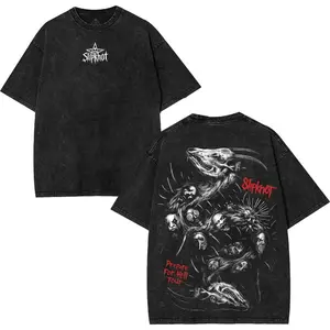 Vintage Washed Black Slipknot Heavy Metal Graphic T-Shirt, Heavyweight Pure Cotton Rock Band Printed Top, Unisex Gothic Punk Y2K Retro Streetwear, Dark Emotional Style Casual Wear, Perfect Collectible Gift for Heavy Metal Rock Enthusiasts