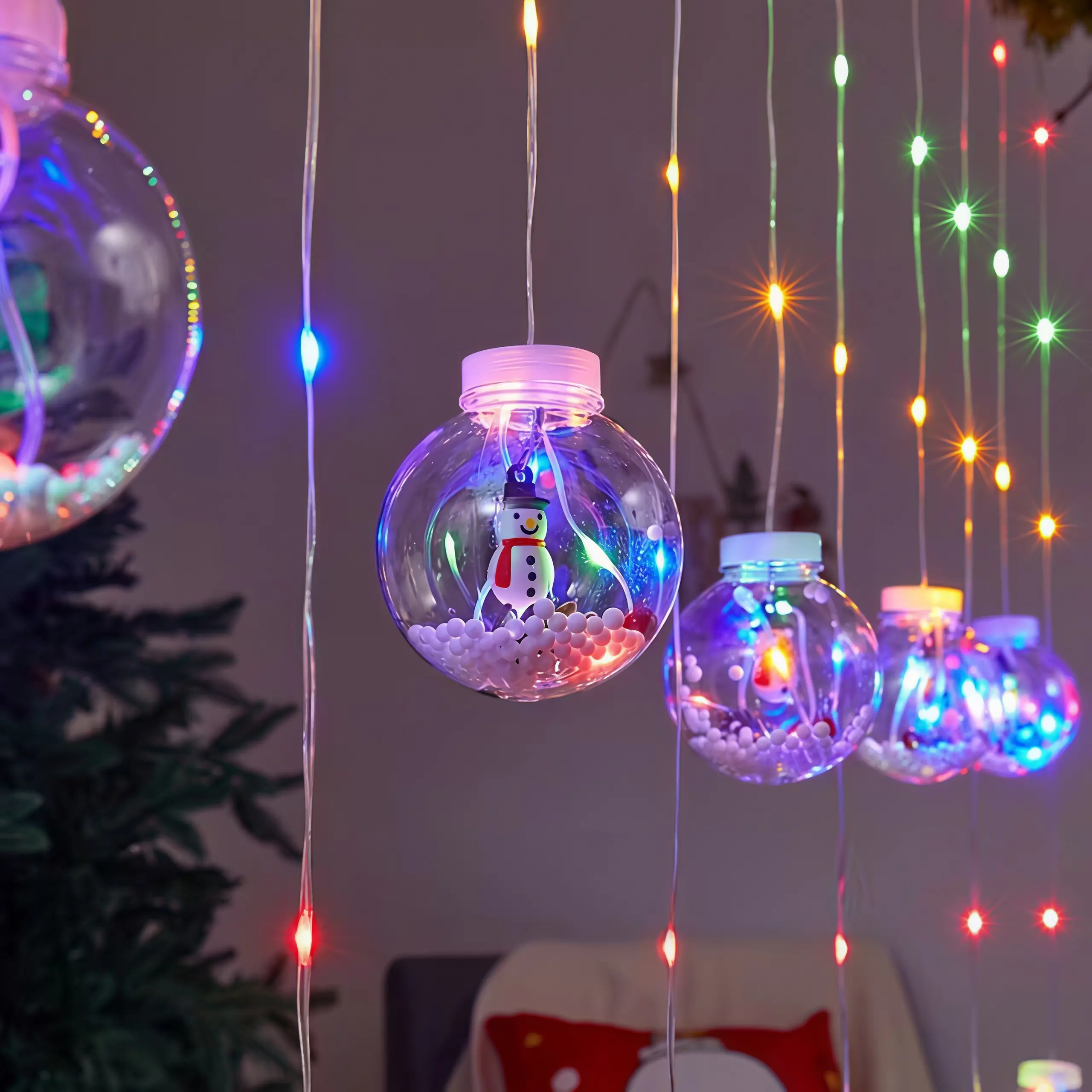 Christmas Snowman Santa LED Curtain String Lights,USB Fairy Lights, Transparent Ball Ornament Hanging Lights for Bedroom Window Hotel Xmas New Year Home Decor