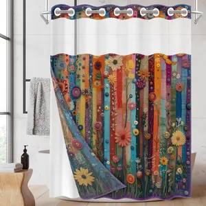 1PC/4PCS 2D Flat Printing Colorful Flowers Striped Background shower curtain, home bathroom decor, Bathroom Decoration Accessories, shower curtain set with 12 hooks, non-slip bathroom rug, U-shaped toilet seat cover, toilet seat mat