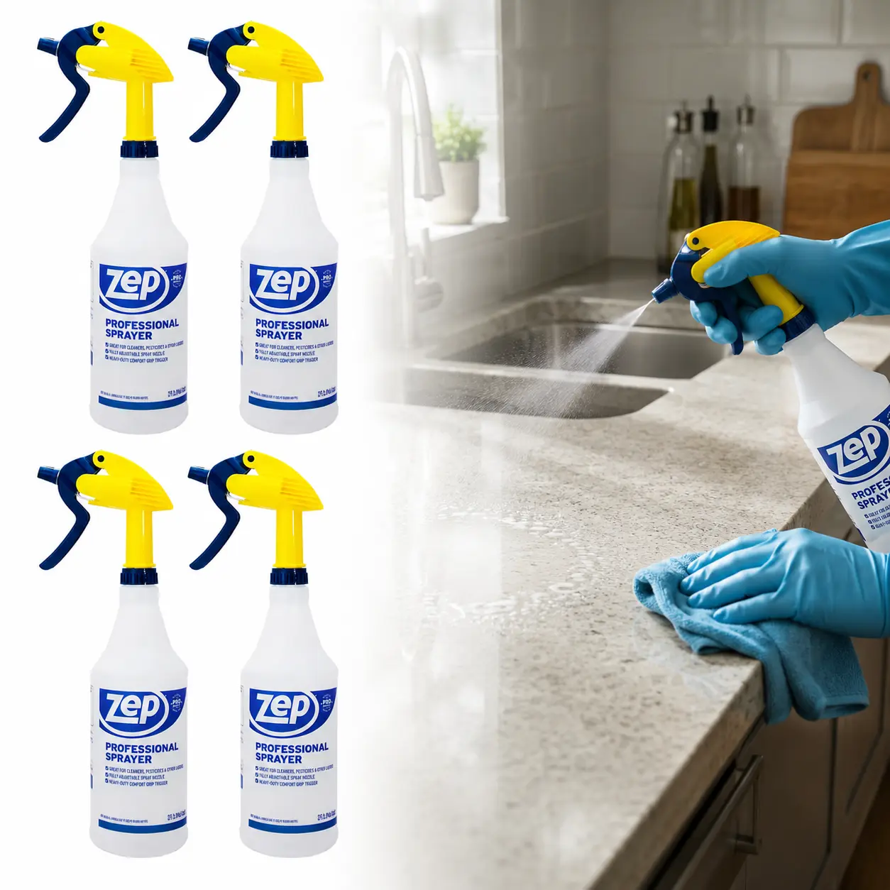 ZEP 32 oz Professional Refillable Spray Bottle - Adjustable Nozzle, 3-Finger Trigger, Ergonomic Grip, High Output (3cc Per Pull), 30 Ft Stream, Measure Marks, Mixing Ratios, Label Area - For Home Improvement & Garden Cleaners, Degreasers, Sanitizers
