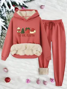 Women's Thick Fleece Hoodie Set, Christmas Print Sweatshirt & Pants, Casual Loose Fit, Fall Winter Fashion, 2 Piece