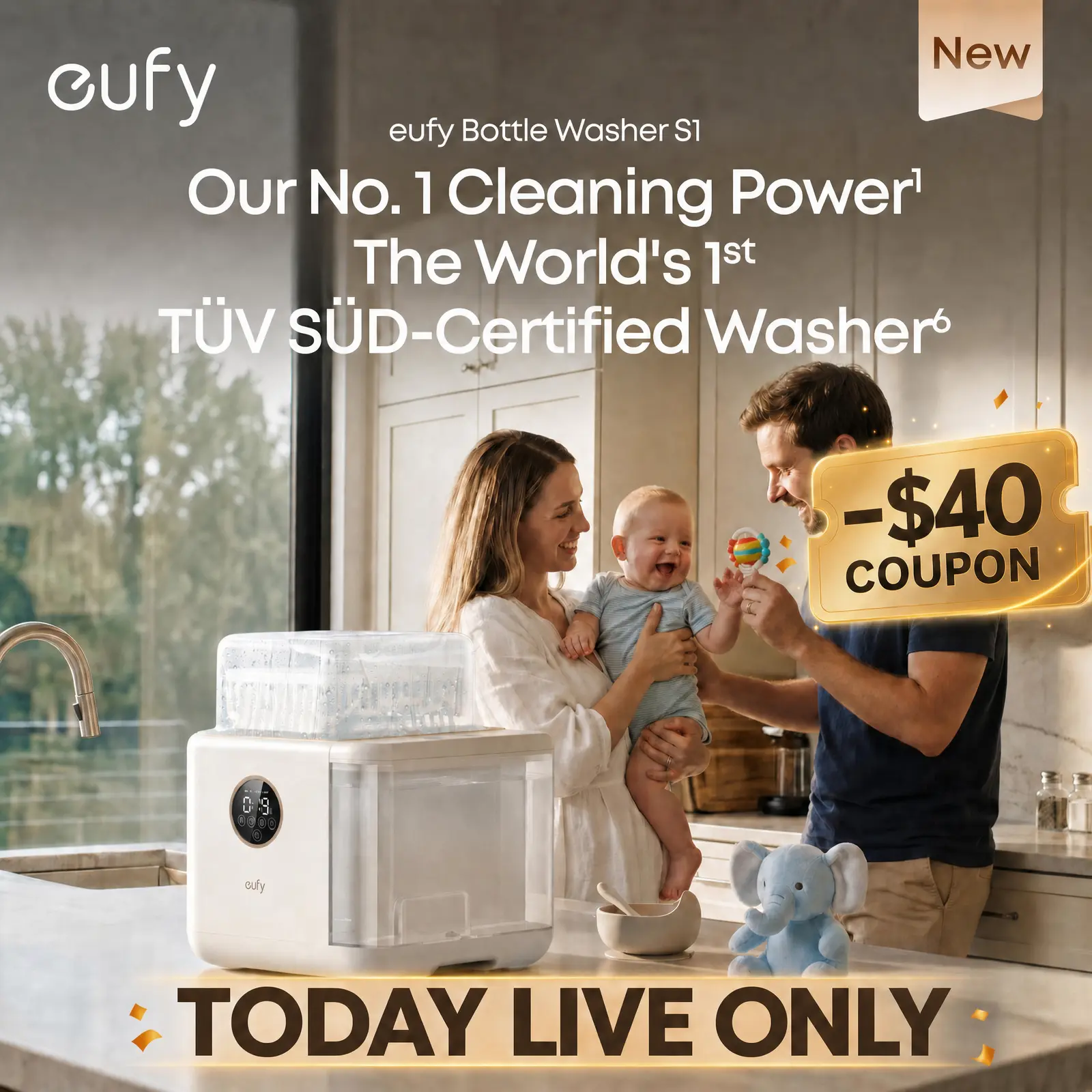 Eufy S1 Baby Bottle Washer - All-in-1 3D HydroBlast Sanitizer Dryer, 212°F Steam Sterilizer, Fast Thorough Dryer, 10-Bottle Largest Capacity, Smart App Control, Hands-Free for Infant Feeding