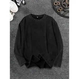 Men's Washed Vintage Round Neck Long Sleeve T-Shirt, Casual Fashion Tee for Daily Wear, Comfortable Cotton Material, Perfect for Spring & FallGiftr
