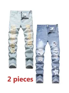 Men's 2 Pieces Comfy Jeans, Light Blue & Blue Slim Fit Jeans, Casual Straight Leg Fashion Ripped Denim Pants For Various Occasion
