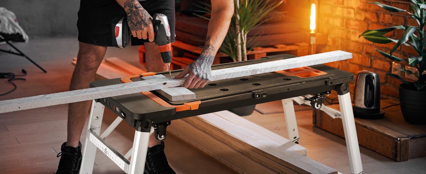 TLGREEN Multifunctional Folding Work Table, 7 in 1 Work Benches for Garage, as Portable Workbench, Sawhorse, Scaffold, Platform, Car Creeper, Dolly and Hand Truck, with 4 Wheels