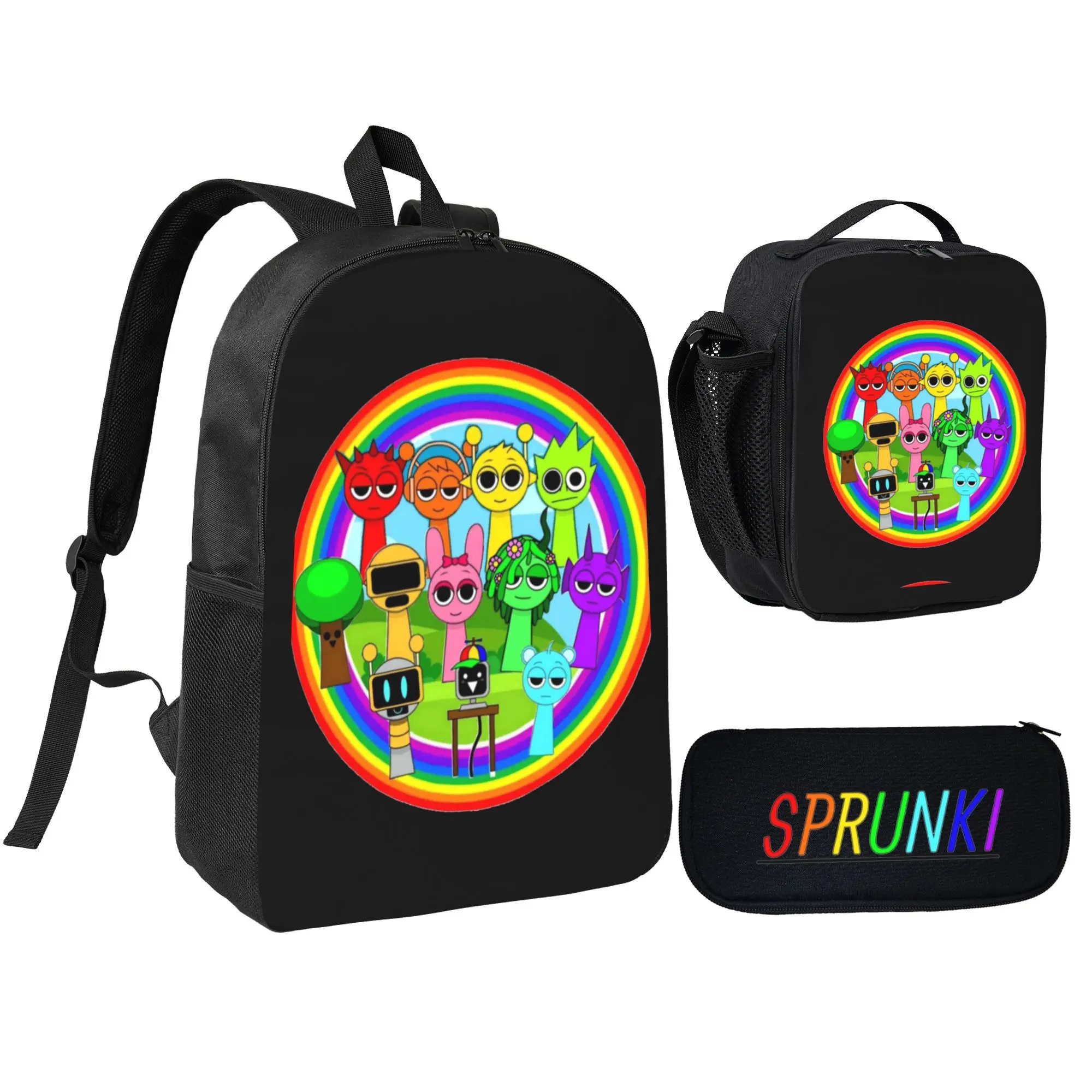 Casual Customizable 3-in-1 Sprunki Print Cartoon Backpack Set - Polyester, Lightweight School Bag + Pencil Bag + Thermal Lunch Box for School, Travel, Zipper
