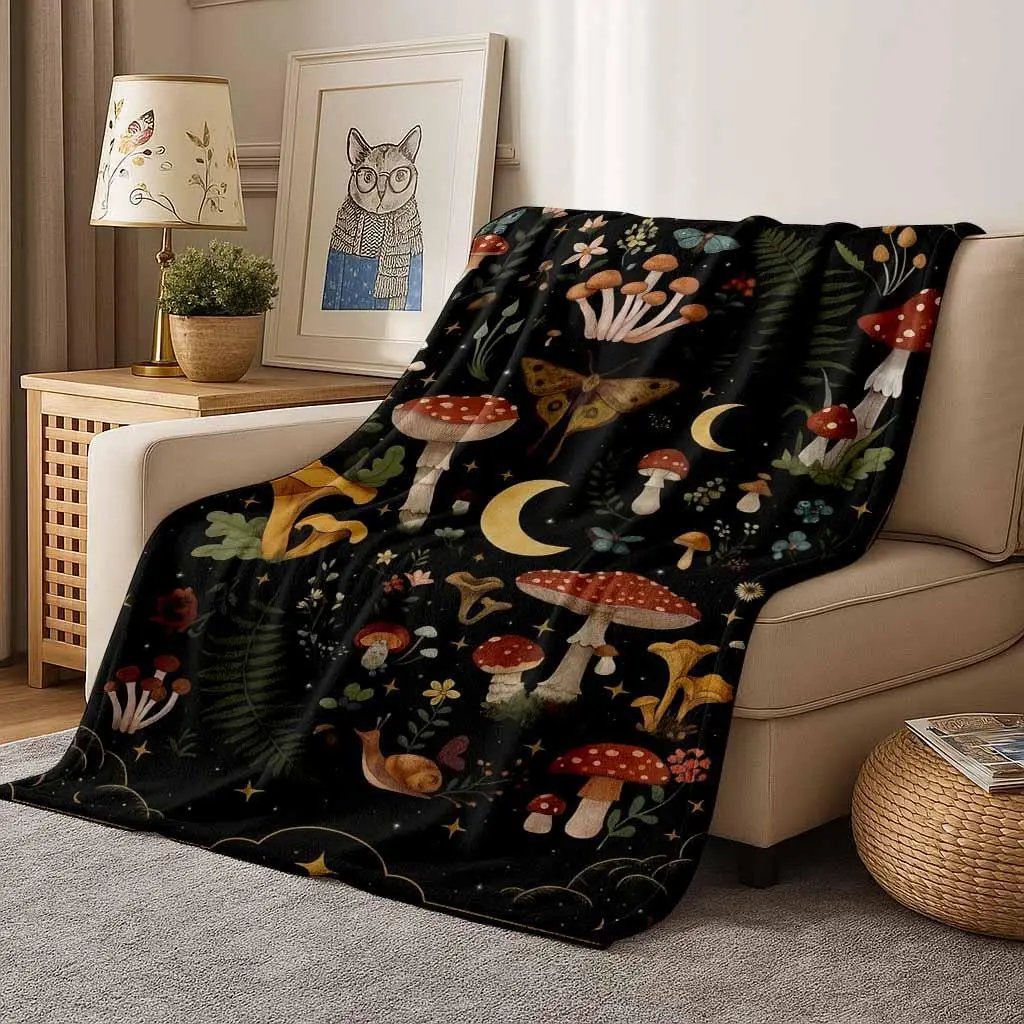 Mystical Mushroom Enchanted Forest Print Flannel Blanket - Breathable Lightweight, Ultra Soft, Warm, Cozy Blanket Throw - Ideal for Living Room Sofa, Travel - Perfect Gift for Nature Lovers, Breathable Lightweight Blanket