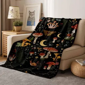 Mystical Mushroom Flannel Blanket, Enchanted Forest Print, Ultra Soft, Warm, Cozy, Lightweight, Perfect for Bedroom, Living Room, Sofa, Travel, Camping, Outdoor Activities, Ideal Gift for Nature Lovers, Housewarming, Birthday, Holidays