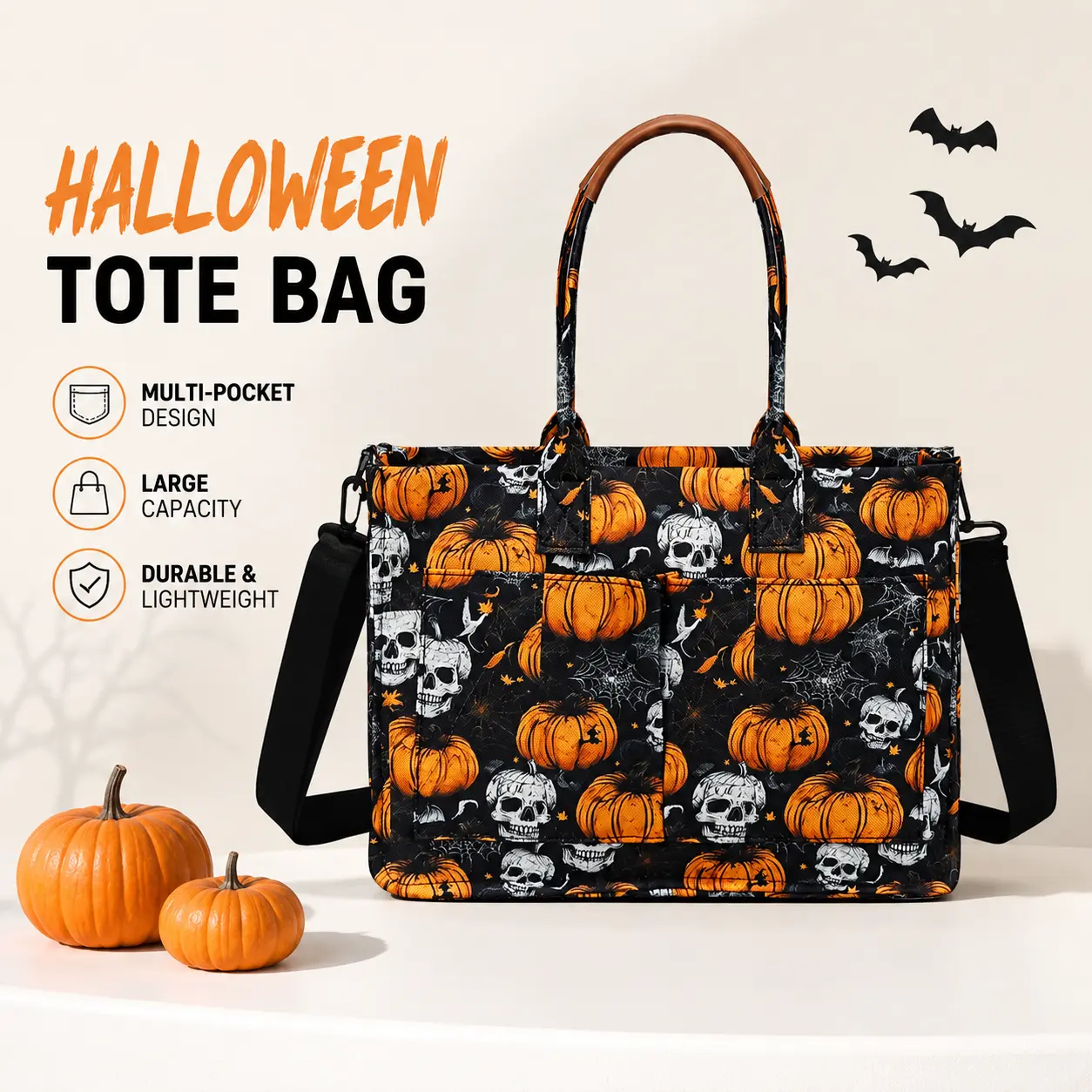 RIVERICH Spooky Halloween Tote Bag Pumpkin Skull Canvas Shopper Bag Gothic Aesthetic Shoulder Bag Large Capacity Reusable Trick or Treat Candy Bag for Party Travel School Daily Use Gift for Women Men Fall Season Bag