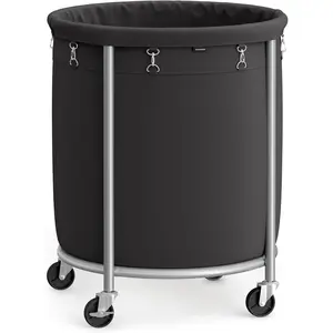 50.2-Gallon (190 L) Rolling Laundry Basket with Wheels, Round Heavy-Duty Laundry Hamper Cart with Steel Frame and Removable Bag, 2 Locking Wheels, Ink Black and Metallic Silver