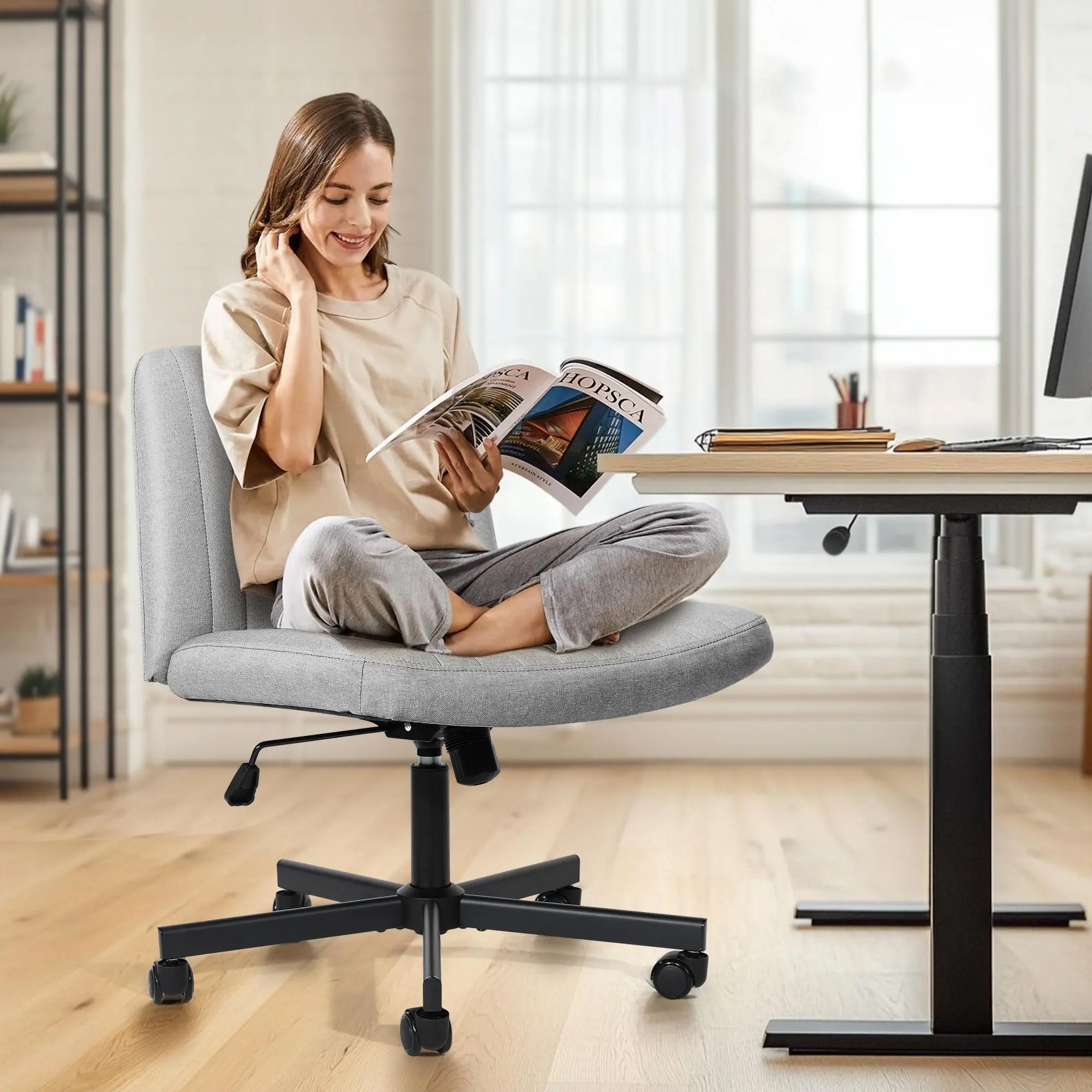 Criss Cross Chair with Wheels, Cross Legged Office Chair, Desk Chair, Extra Wide Criss Cross Vanity Chair summergarden