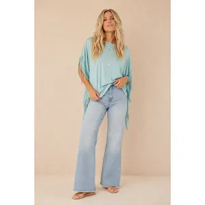 Lady's Turquoise Spandex-Denim Fringe Knit Blouse - Comfortable Draped-Fit Piece, Stylish Casual Women's Top