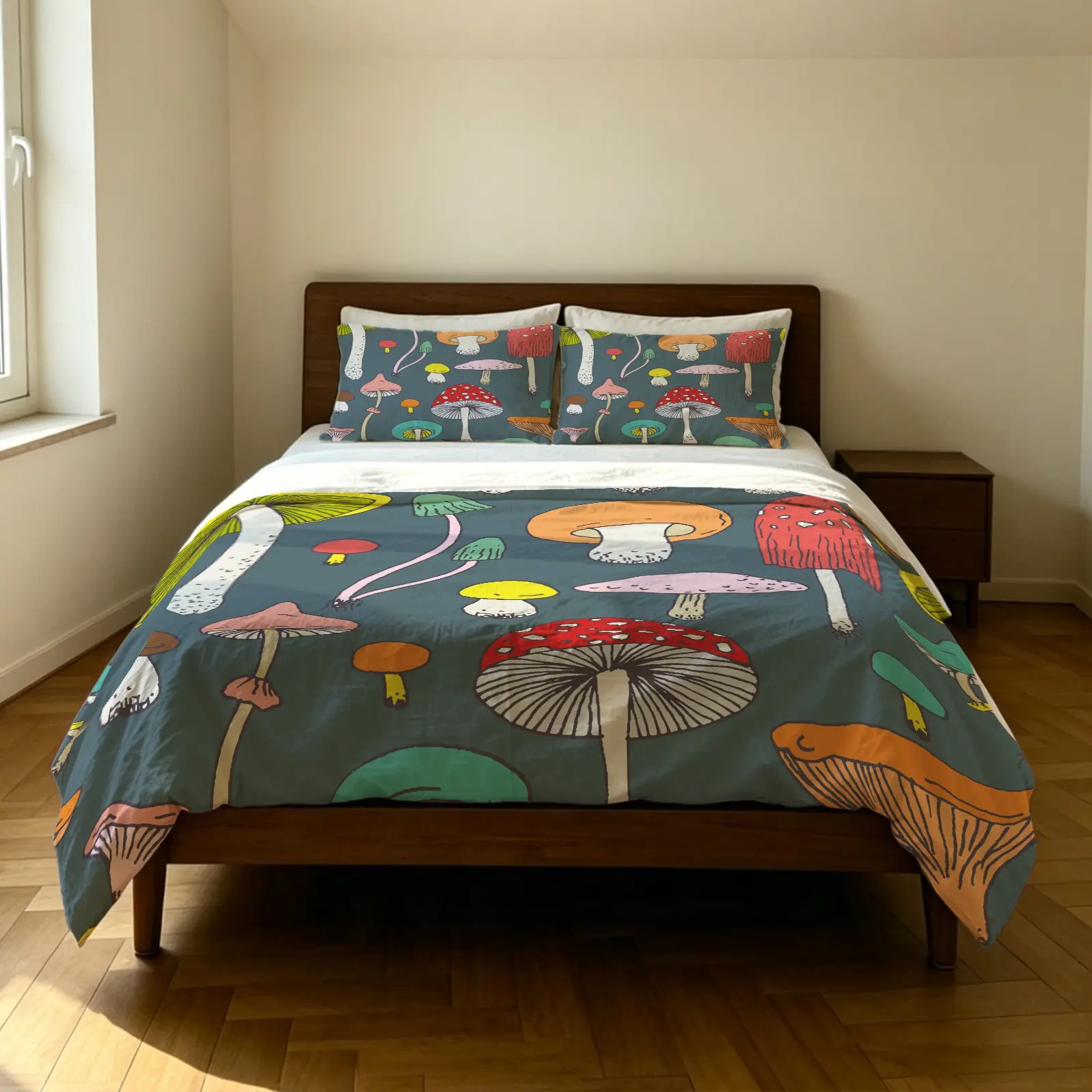 2/3-Piece Forest-Themed Colorful Mushroom Duvet Cover Set, Soft Microfiber Bedding Set, Featuring Deep-Pocketed Cute Cartoon Psychedelic Mushroom Duvet Covers, Rustic Floral Patterns for Bedroom Decor (Filling Not Included)