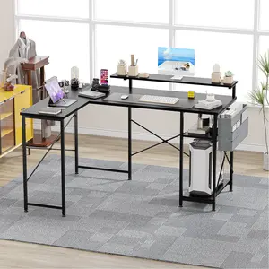 54" L Shaped Gaming Desk, Reversible Modern Office Computer Desk, Adjustable Modern Corner Desk with Power Outlet, LED Light, Reversible Study Desk for Home Office, Bedroom, Black Willow