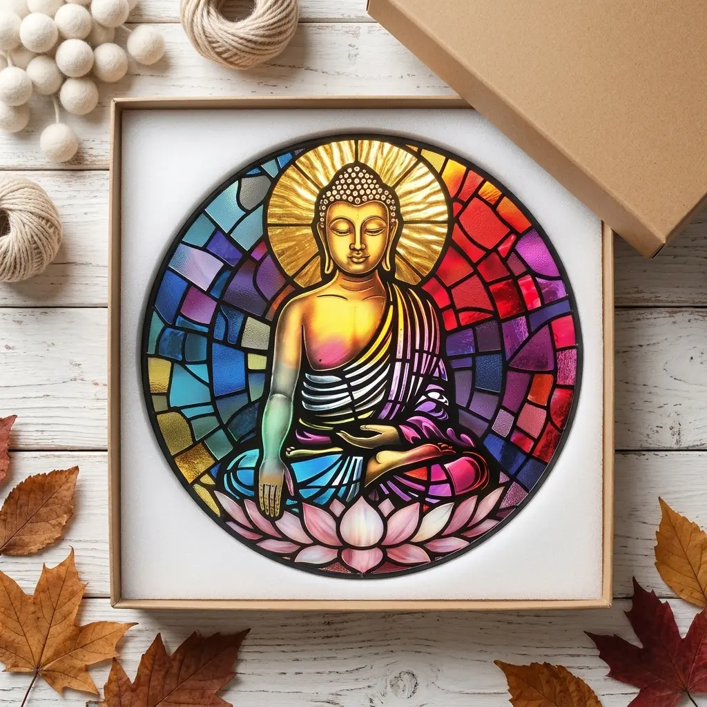 Buddha Stained Glass Suncatcher, Meditating Buddha Window Hanging, Stained Glass Sacred Lotus Panel, Meditation Zen Sun Catcher.