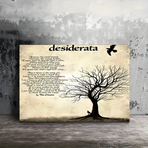 1pc Framed Canvas Painting - Minimalist Black Tree & Bird Silhouette with Desiderata Poem by Max Ehrmann, Ready-to-Hang Vintage Beige Background Wall Decor for Living Room, Bedroom, Office - Inspirational Gift for Home, Birthday, Housewarming - 11.8x15..7